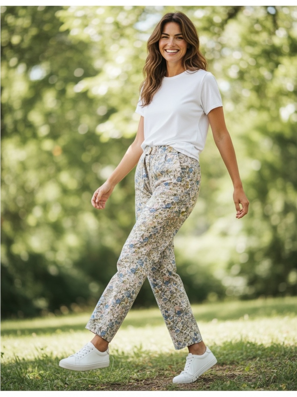 Susan Bristol Floral Elastic Waist Side Button Pants - Blue, Cream & Green